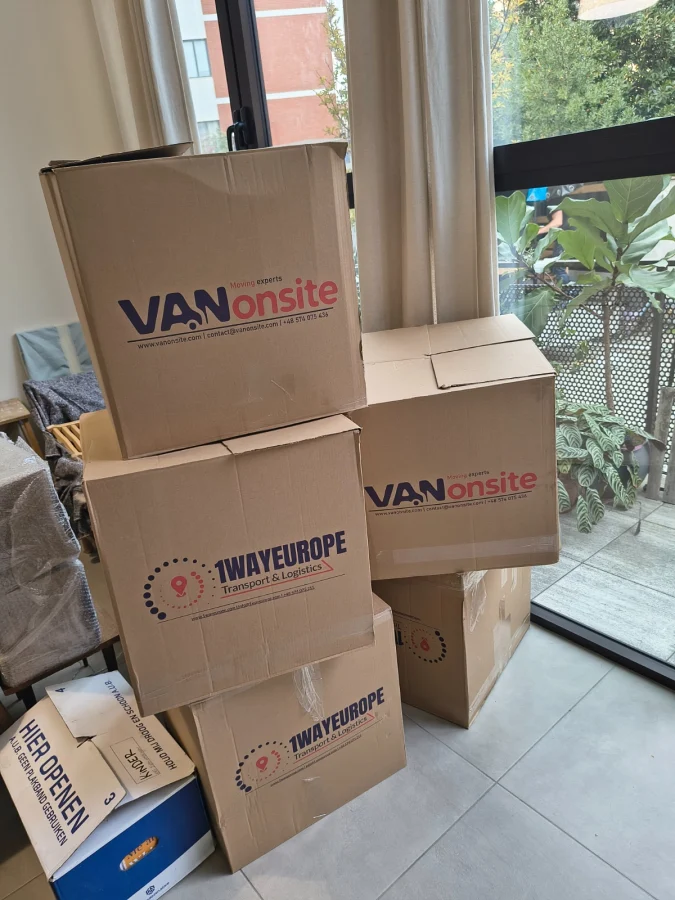 Branded moving boxes prepared for packing